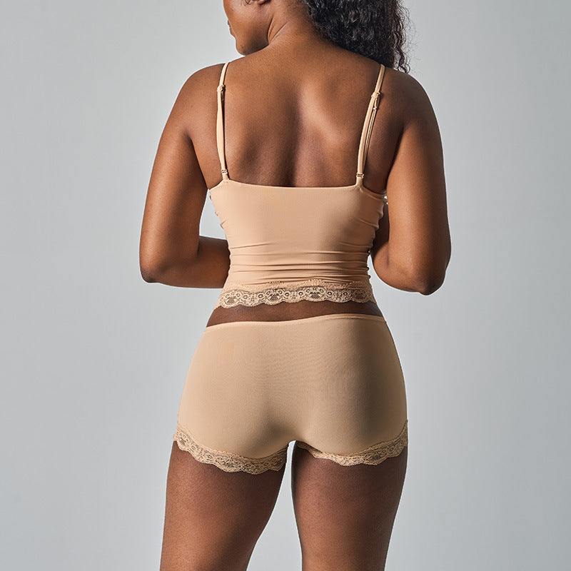 Purely Sensual Lace Trimmed Camisole Panties Set Deep V Neck Loungewear