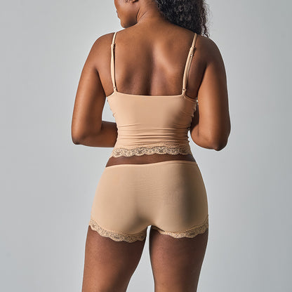 Purely Sensual Lace Trimmed Camisole Panties Set Deep V Neck Loungewear