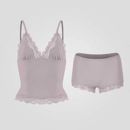Purely Sensual Lace Trimmed Camisole Panties Set Deep V Neck Loungewear